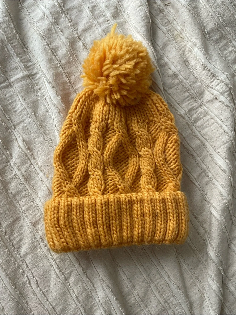 Women’s  Yellow Cable Knit Pom Beanie -